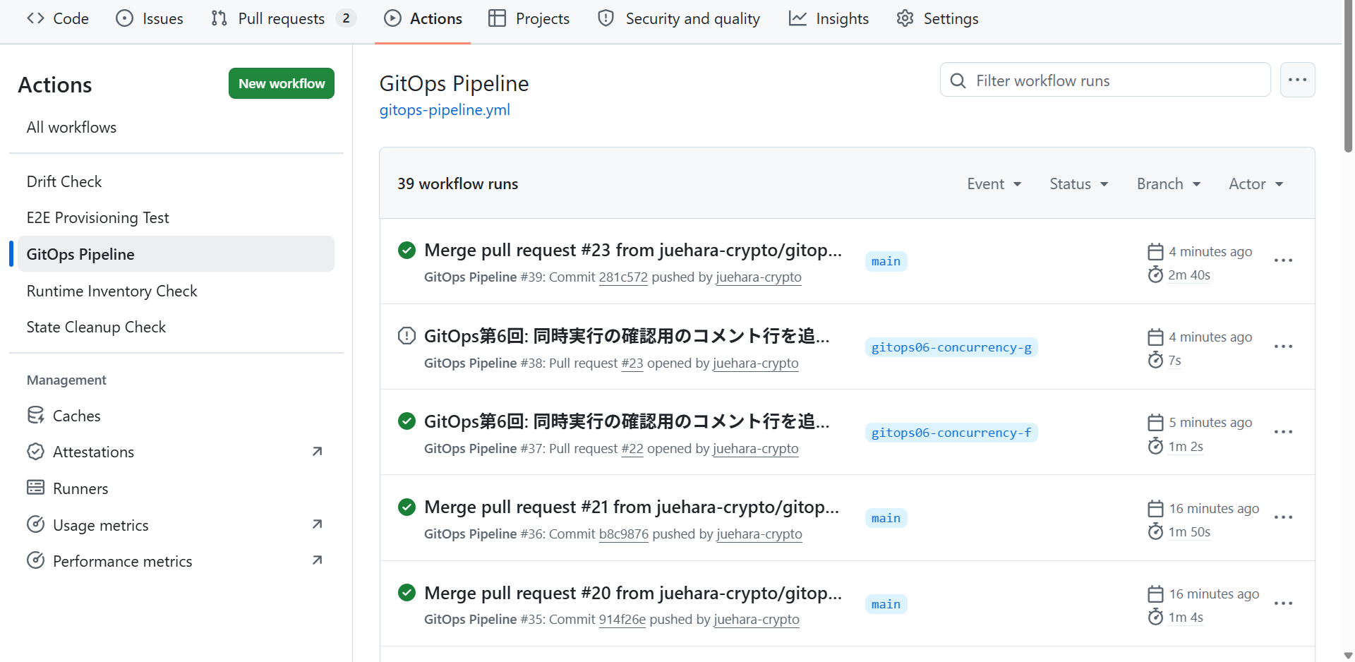 GitOps Pipelineの実行の一覧。#20のマージの実行#35、#21のマージの実行#36、#22のプルリクエストの実行#37は成功、#23のプルリクエストの実行#38は取り消し、#23のマージの実行#39は成功