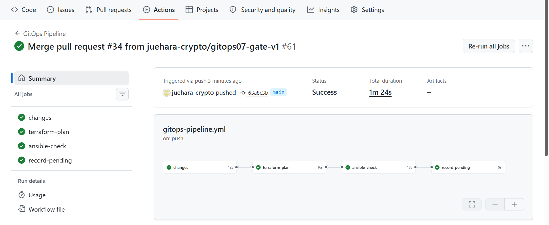 プルリクエスト#34のマージで起動したGitOps Pipelineの実行#61。changes、terraform-plan、ansible-check、record-pendingが成功し、適用系のジョブはない