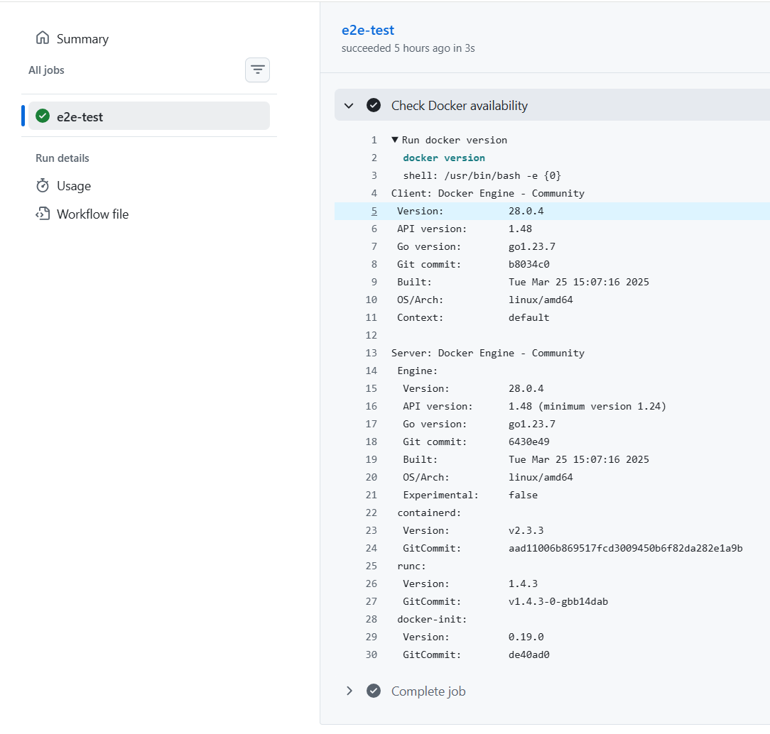 GitHub Actions実行結果(docker versionの出力)